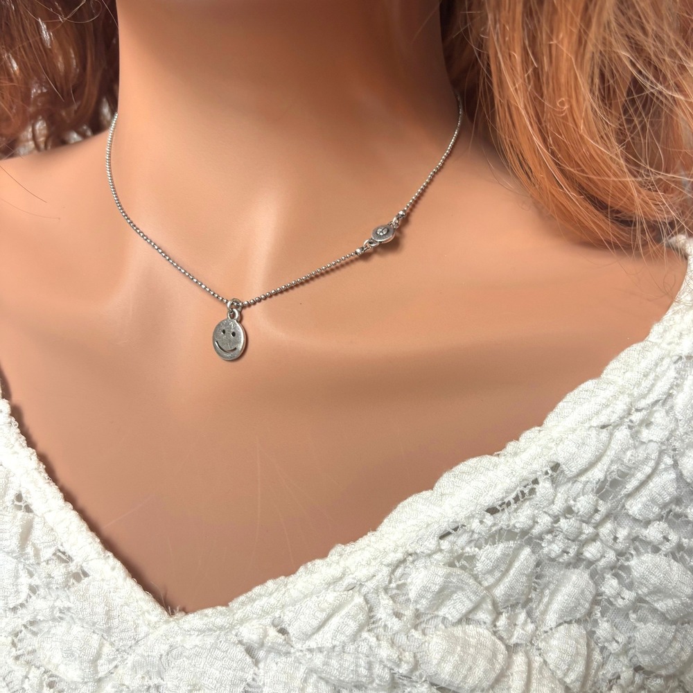 Lucky Brand Necklace Smiley Face Peace Charm Lucky You Silver Tone 90s Y2K 21783